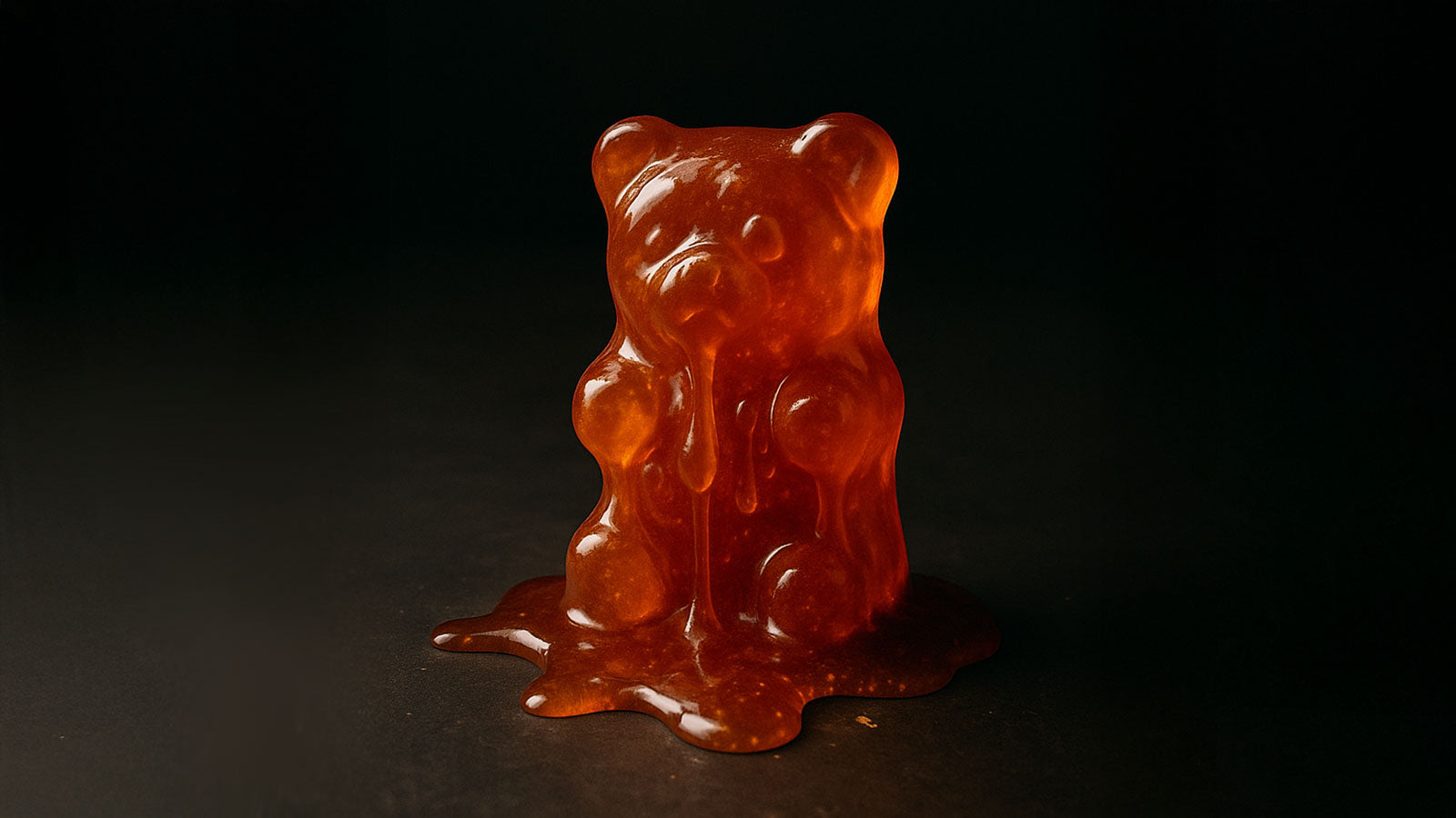 THC gummy melting on a dark surface