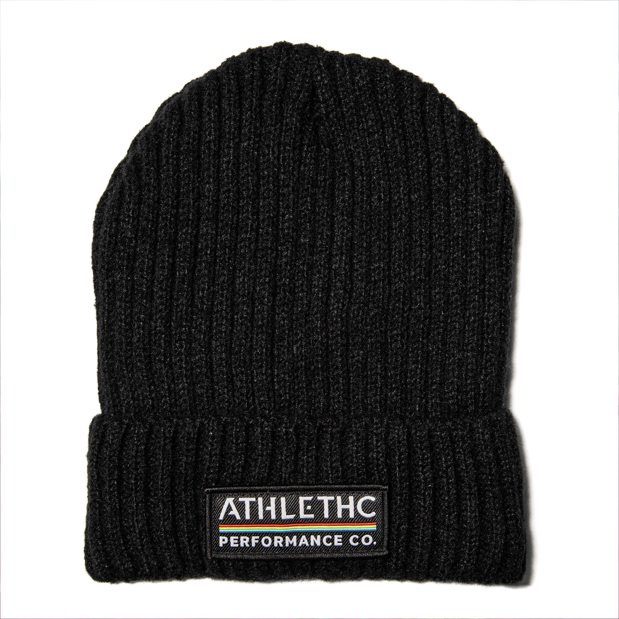 Black fleece-lined beanie with ATHLETHC Performance Co. label on a white background