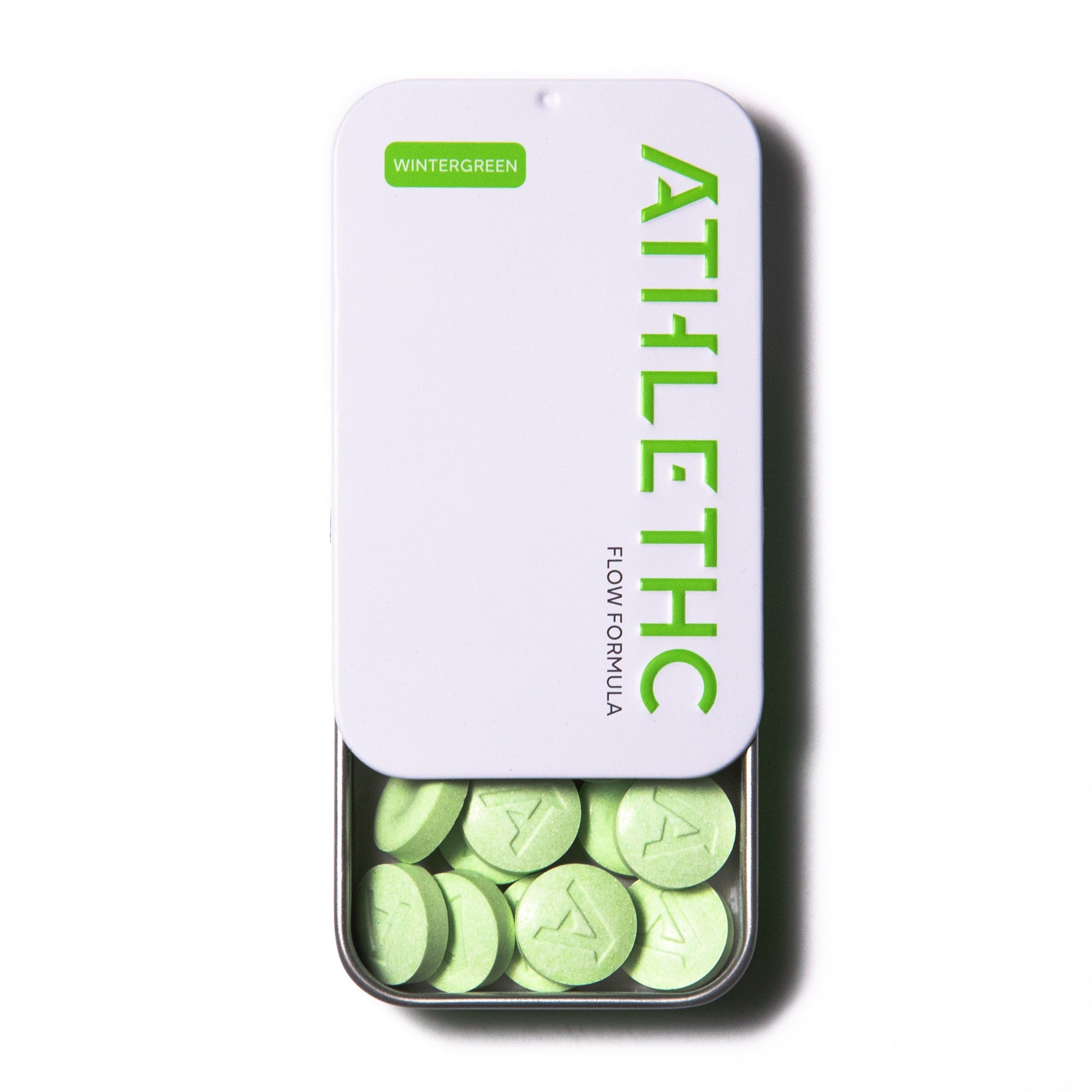 Tin of ATHLETHC Flow Formula Wintergreen Microdose THC mints.