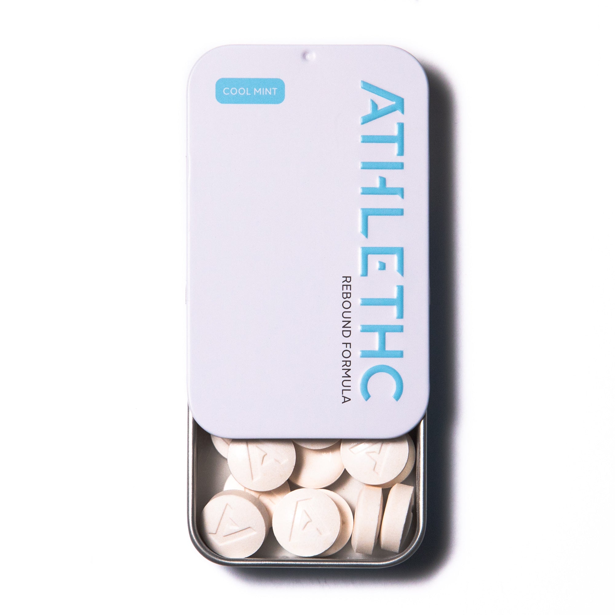 Tin of ATHLETHC Rebound Formula Cool Mint Microdose THC mints.