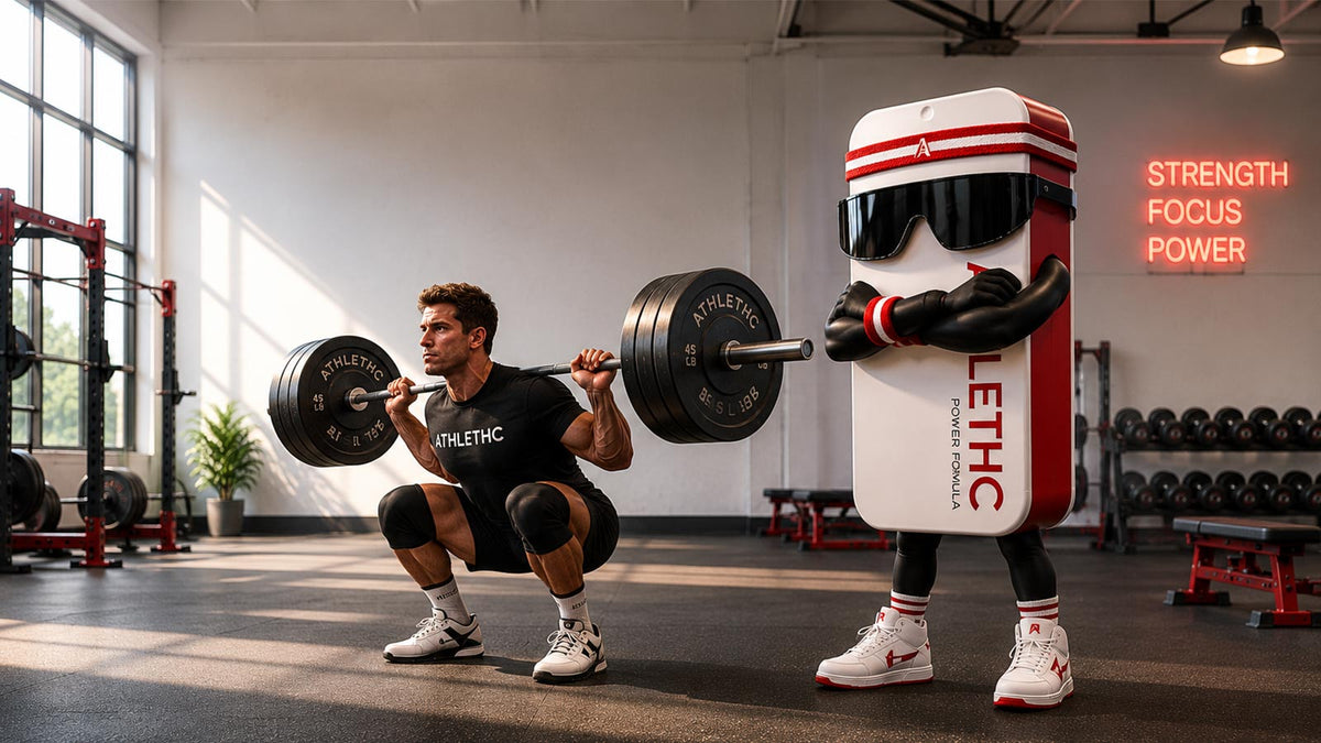 Man doing a squats with a mascto tin of ATHLETHC microdose hemp-derived mints spotting.